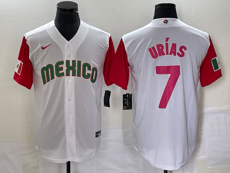 Men's Mexico Baseball #7 Julio Urías 2023 White Red World Baseball With Patch Classic Stitched Jersey Men's Mexico Baseball #7 Julio Urías 2023 White Red World Baseball With Patch Classic Stitched Jersey